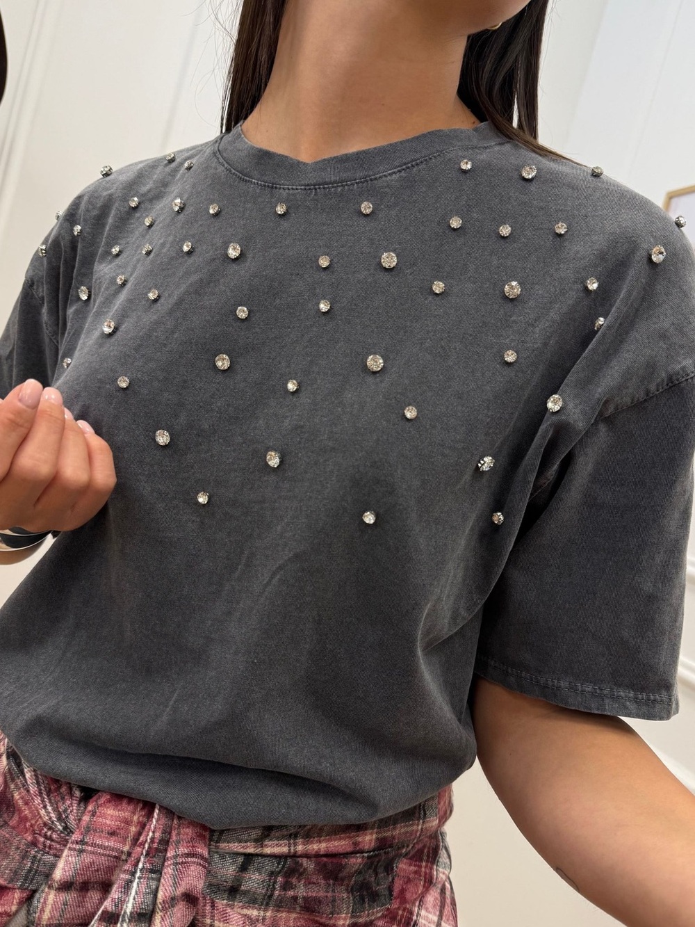 Zara Dark Grey Short Sleeve Tee with Rhinestone Studs